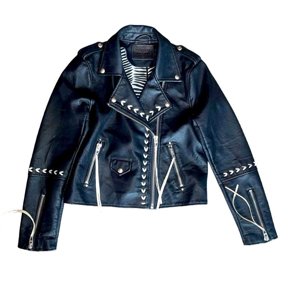 BlankNYC Faux Leather Moto Jacket Contrast Stitching Black White Tassel Size S